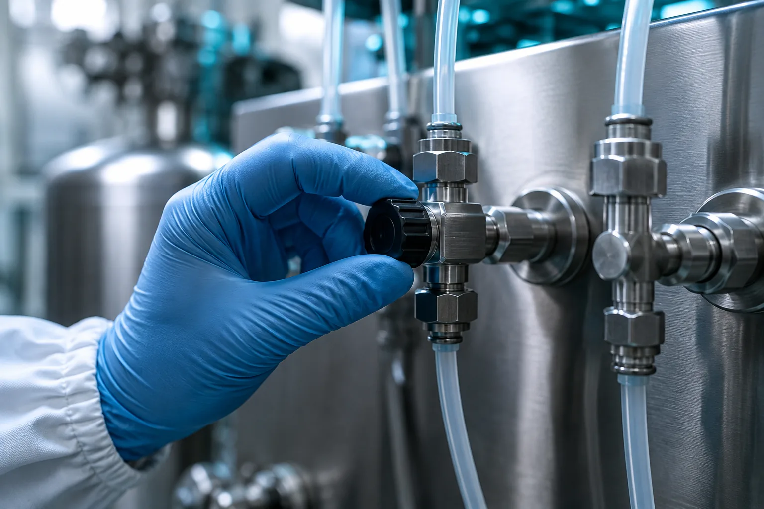 A gloved hand adjusting a valve on a stainless chemical dosing panel.