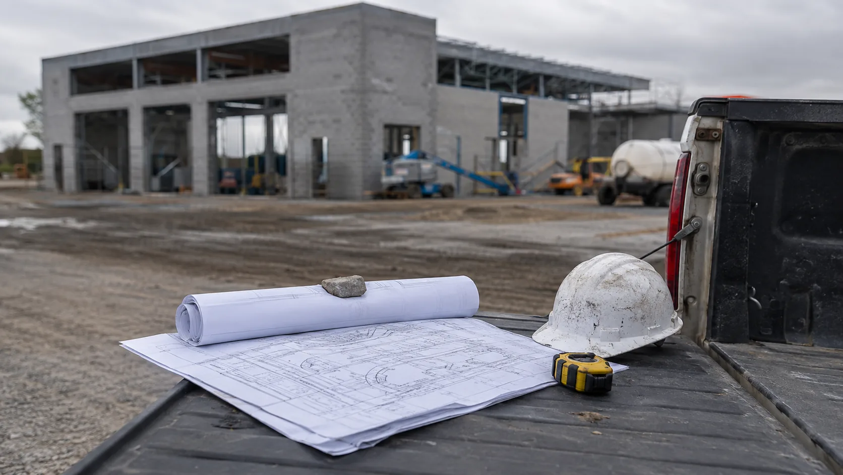 Site drawings, a hard hat, and a tape measure laid out on a truck tailgate in front of a wash facility under construction.