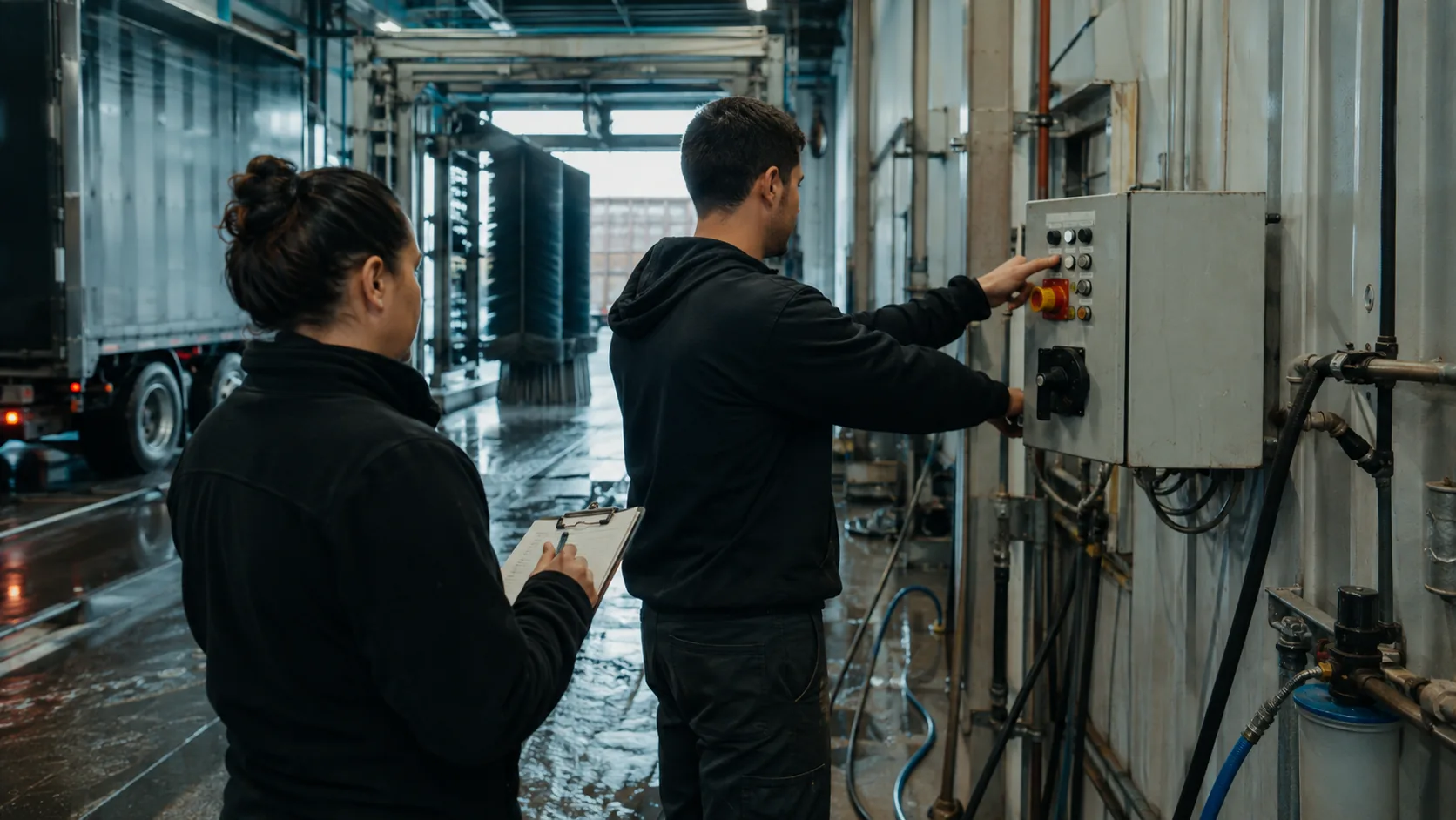 One person operating a wash system control panel while a second observes and records notes on a clipboard.