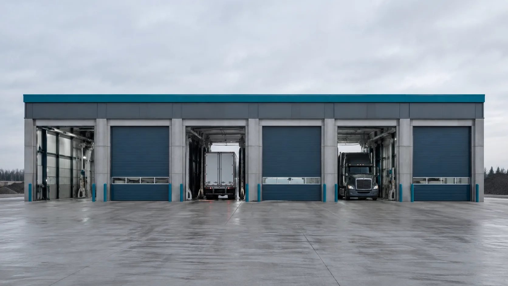The front elevation of a six-bay commercial truck wash, with trucks visible in two of the open bays.