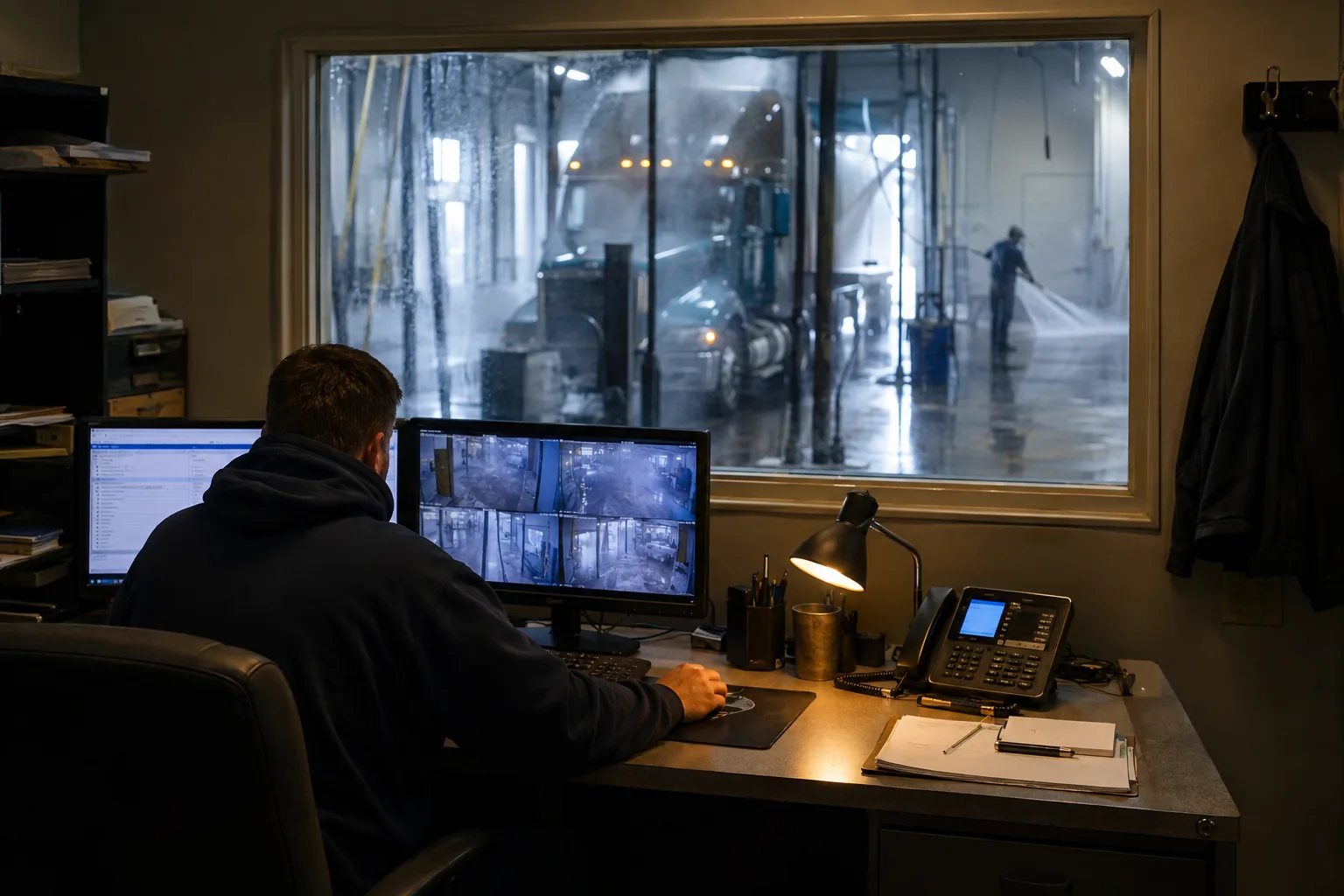 An operations office overlooking a truck wash bay through an interior window, with one person working at a desk.