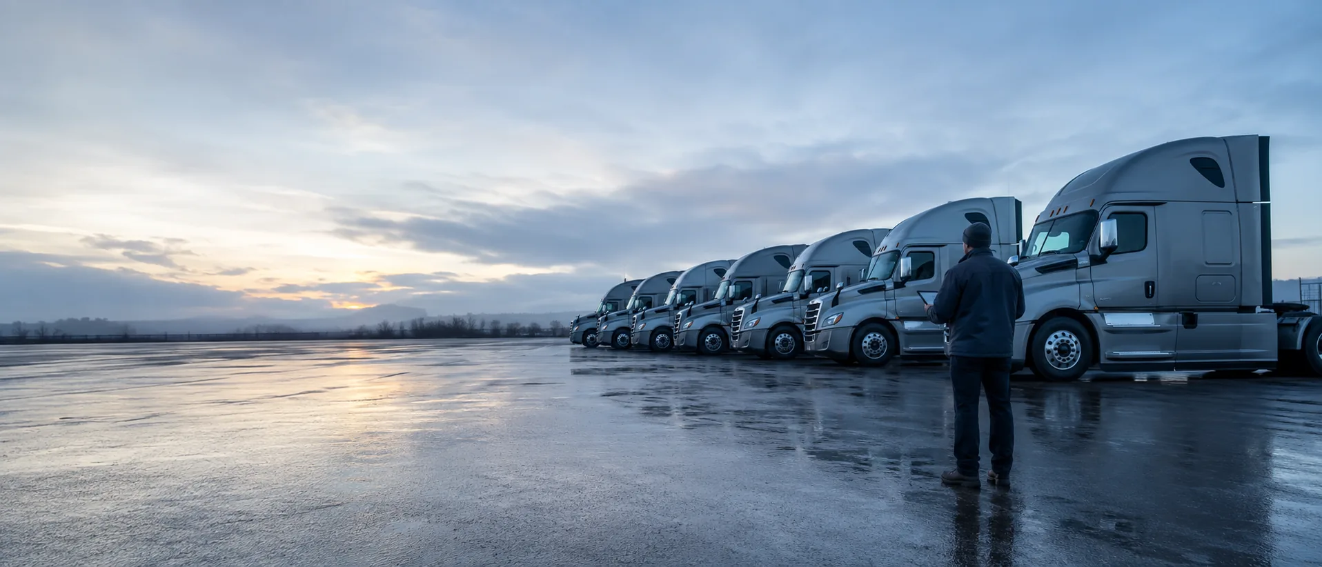 A row of clean tractor units parked in a yard at dawn, with a fleet manager reviewing a tablet beside them.