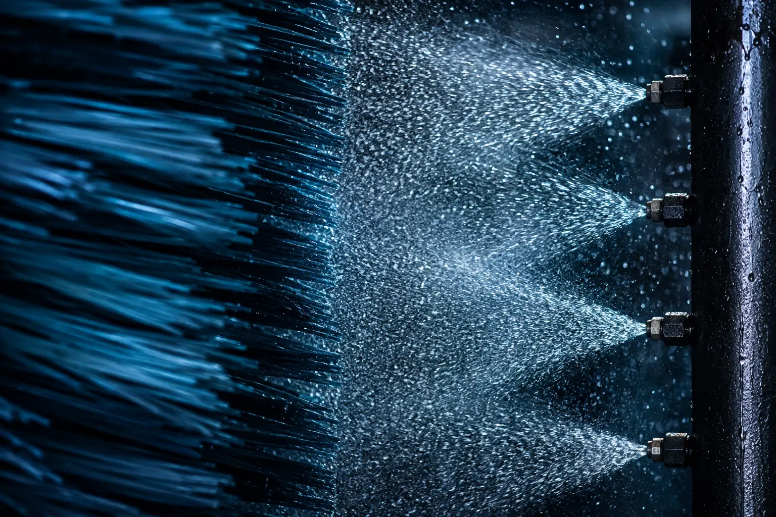 A close view of a wash brush and a nozzle bar throwing fans of water, with the droplets frozen mid-spray.