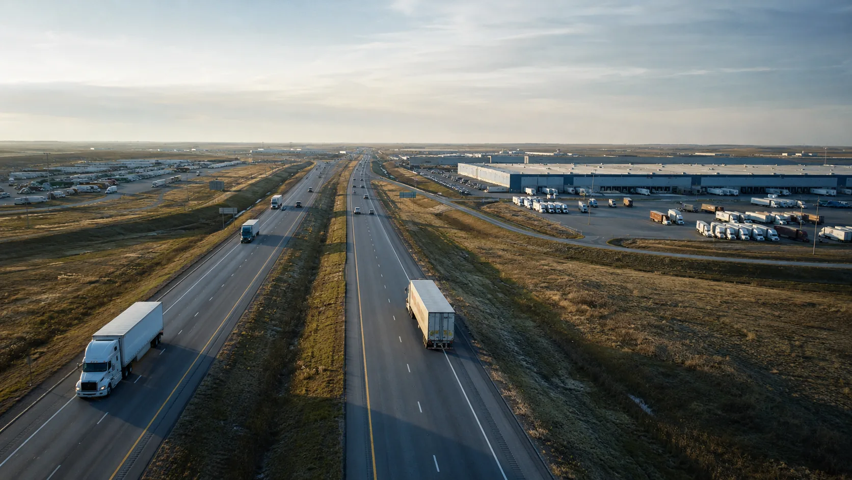 An aerial view of a divided interstate carrying freight traffic, with distribution centres and truck parking alongside it.