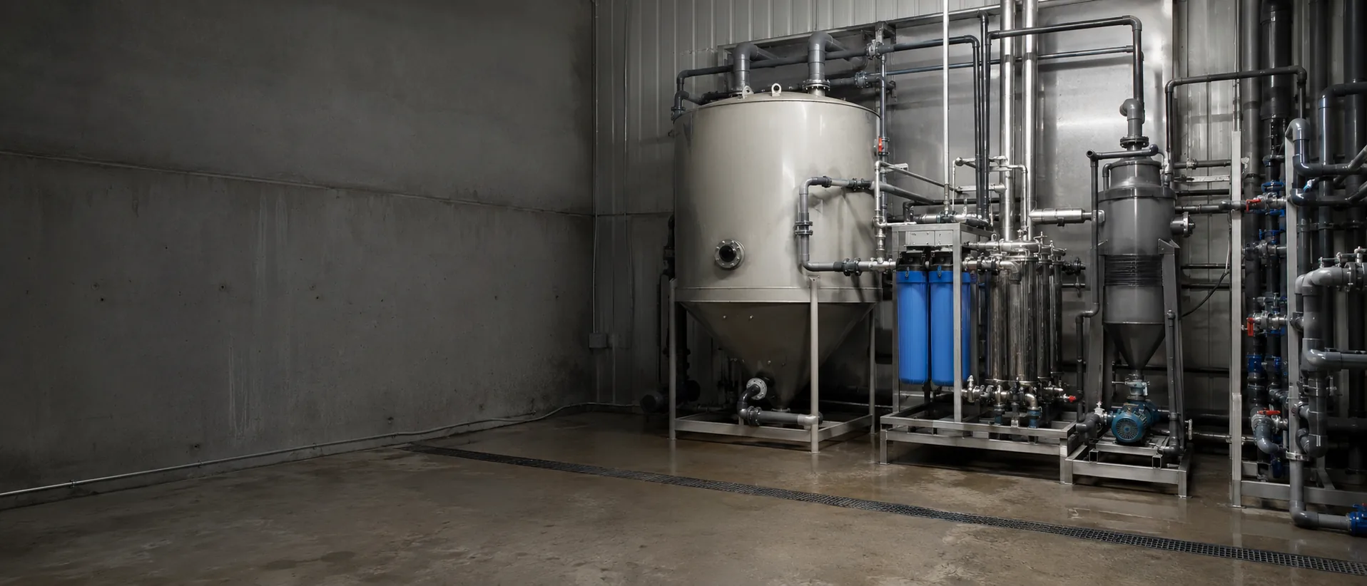 A water reclaim system for a vehicle wash: a settling tank, filtration housings, and the pipework connecting them.