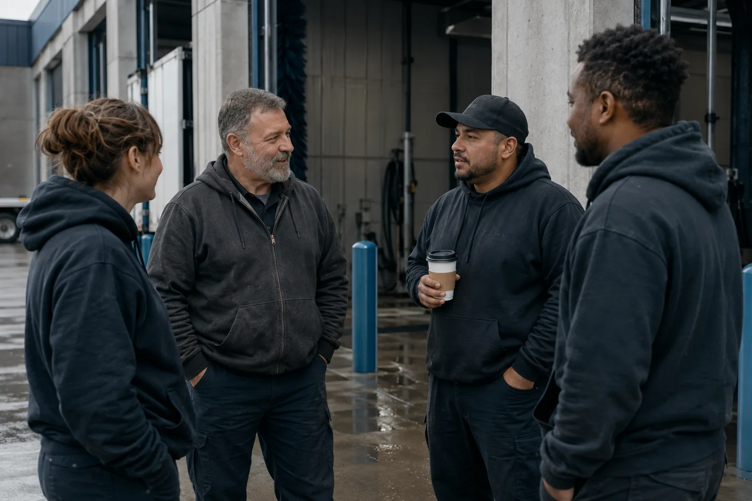 Four people in work clothing standing in conversation outside a truck wash bay.