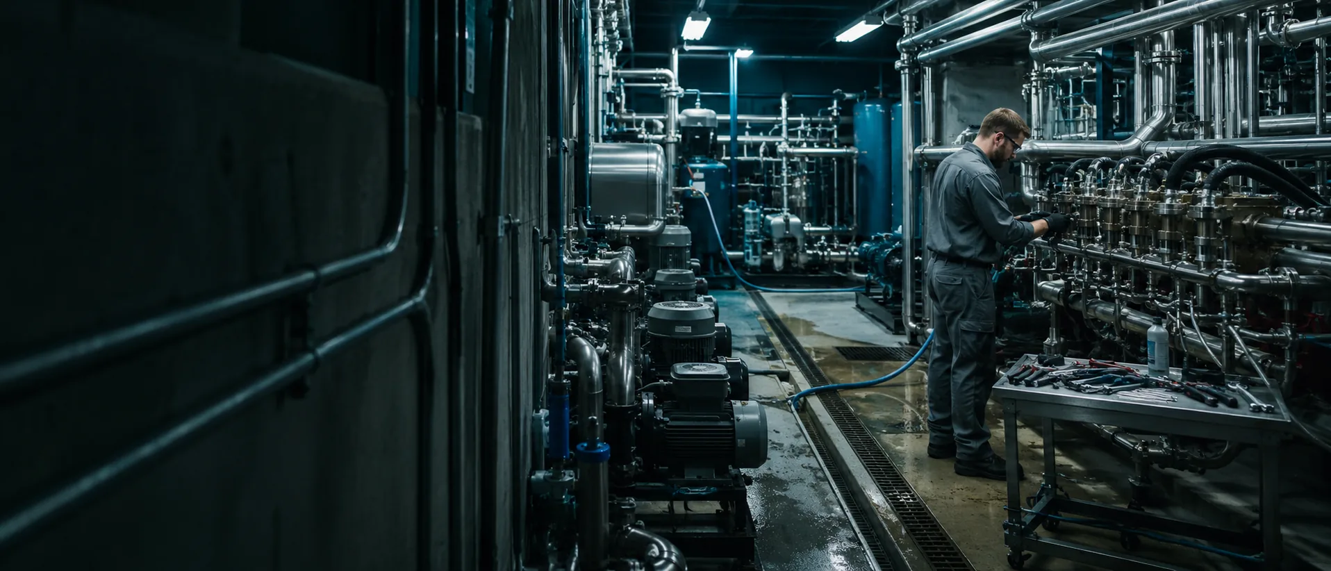 A technician working on a valve manifold in the pump room behind a commercial truck wash, surrounded by pumps and pipework.
