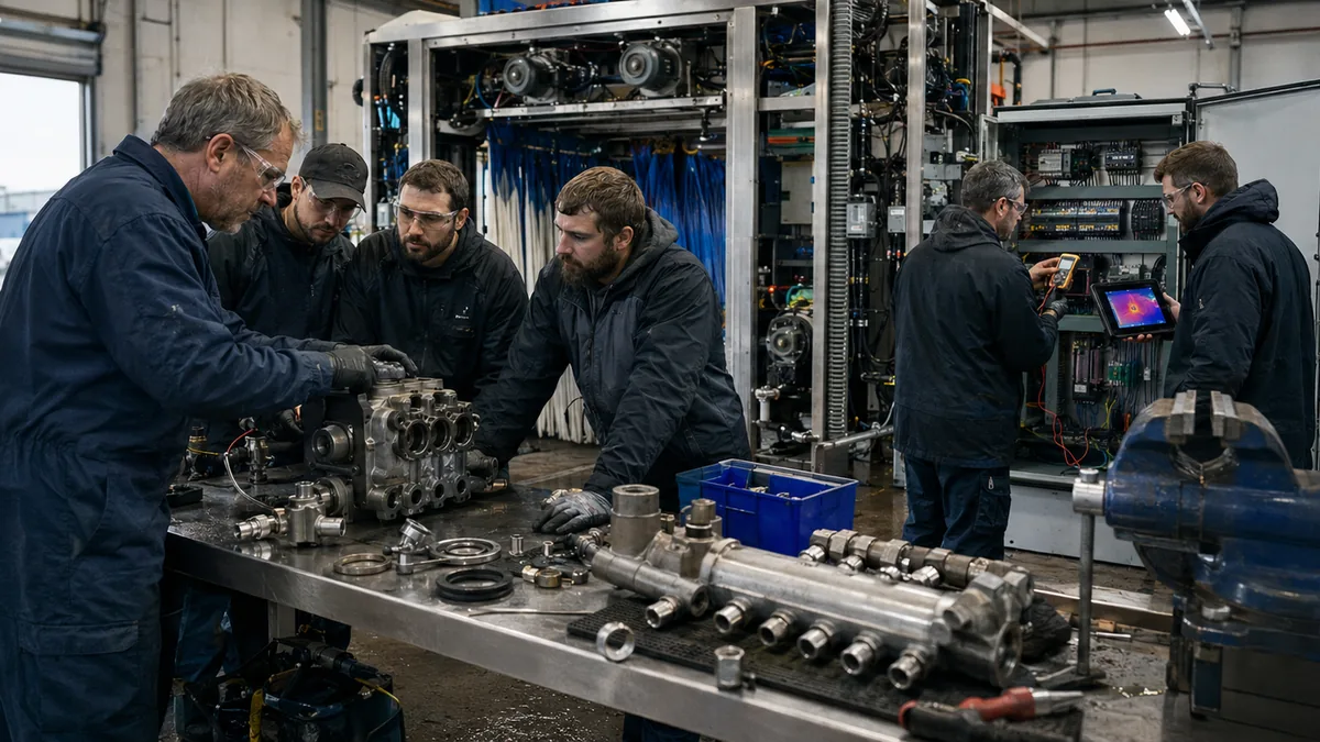 Technicians examine pumps, valves, and wash-system components in a service bay.