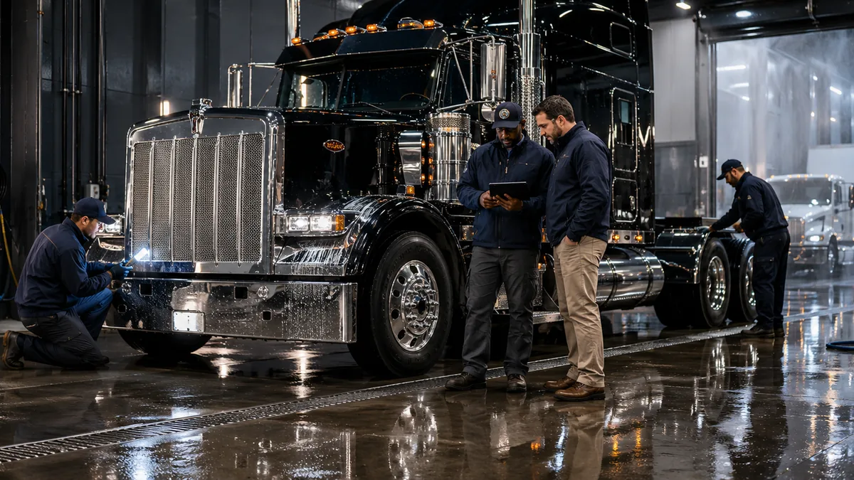 Workers inspect a black semi truck inside a commercial wash bay.