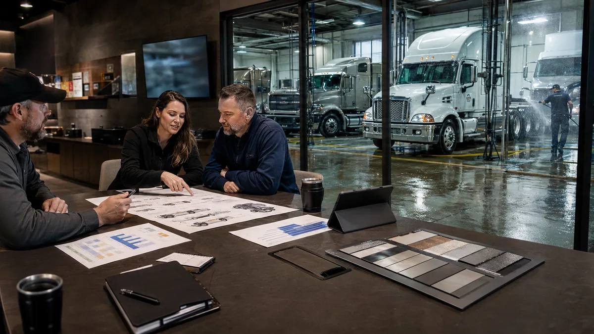 A project team reviews plans in an office overlooking commercial truck-wash bays.