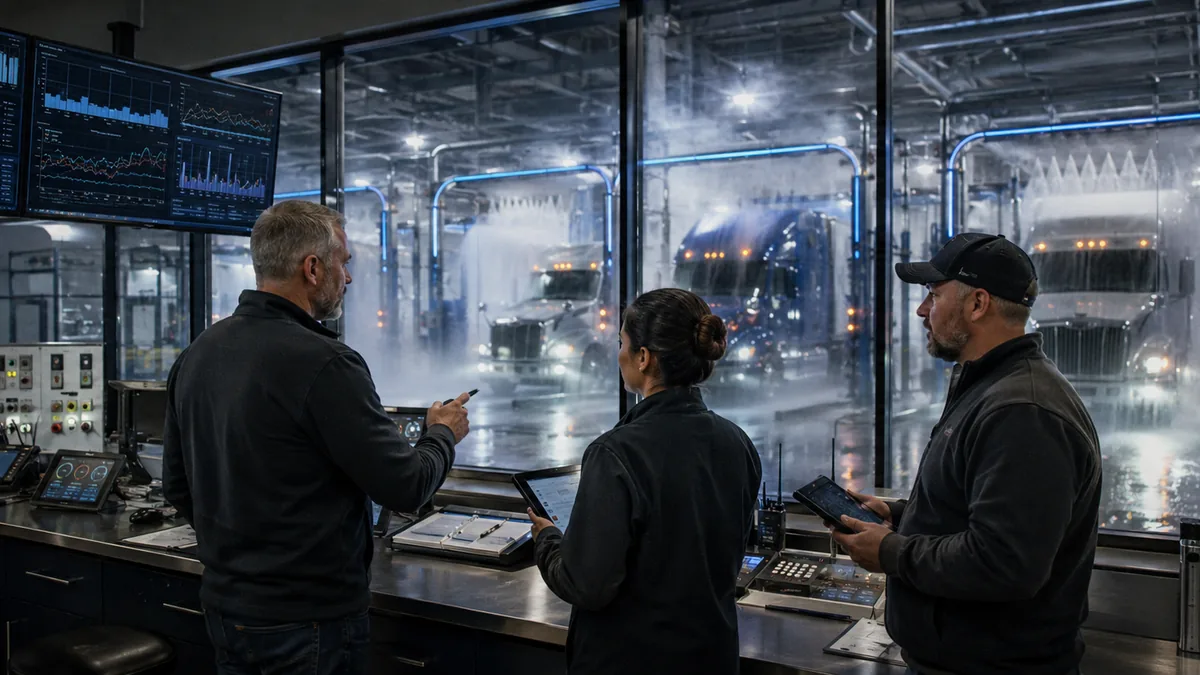 Operators monitor commercial truck-wash equipment from a control area.