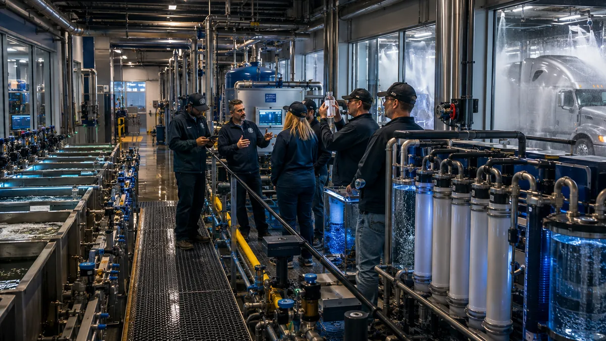 A team stands beside filtration vessels, pumps, and piping in a commercial wash facility.