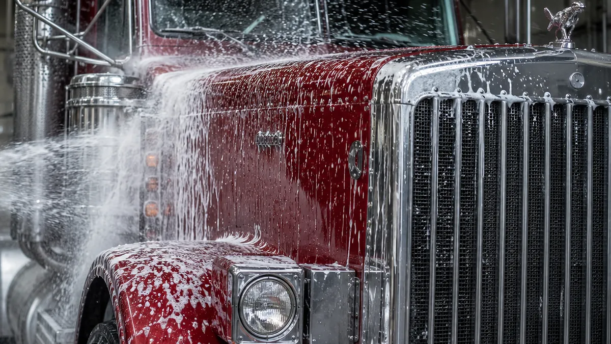 Water sprays across the hood and grille of a commercial truck during washing.