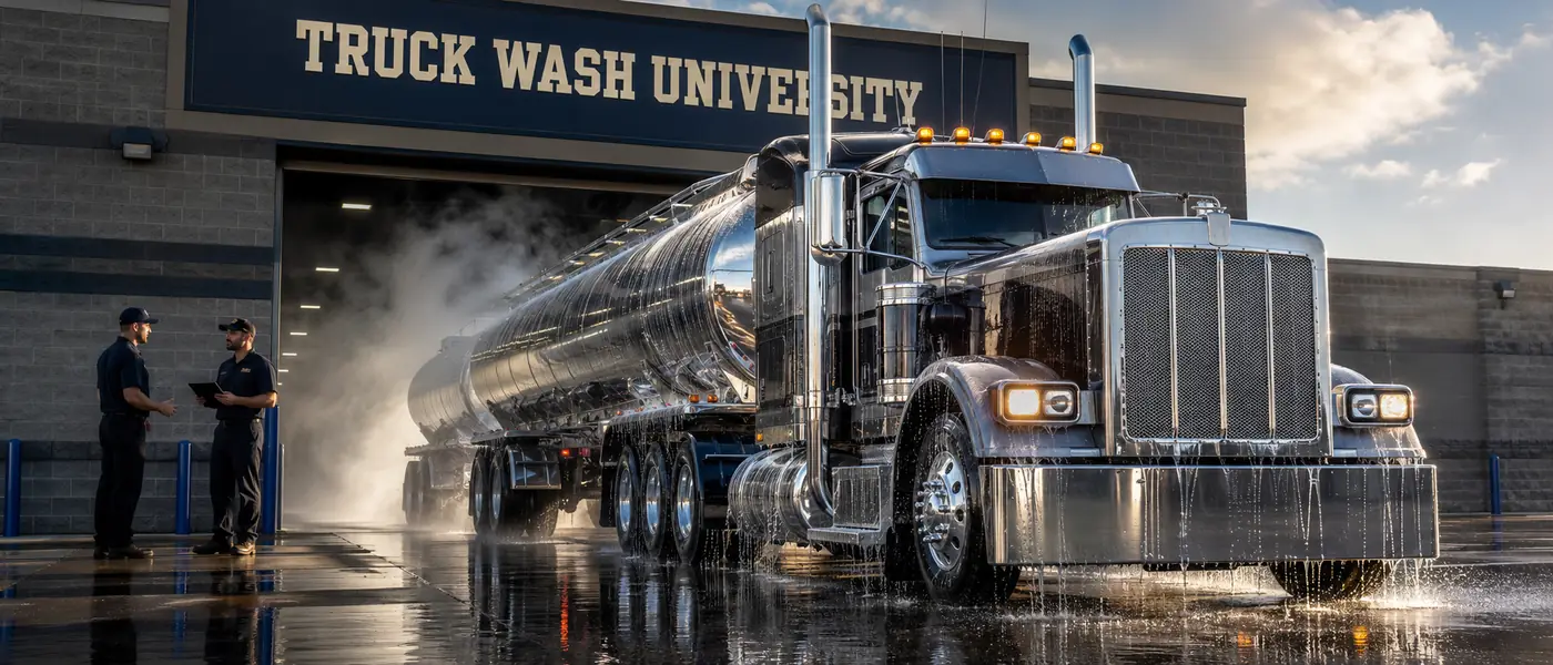 A polished tanker truck exits a commercial wash building at sunset while two workers review a checklist nearby.