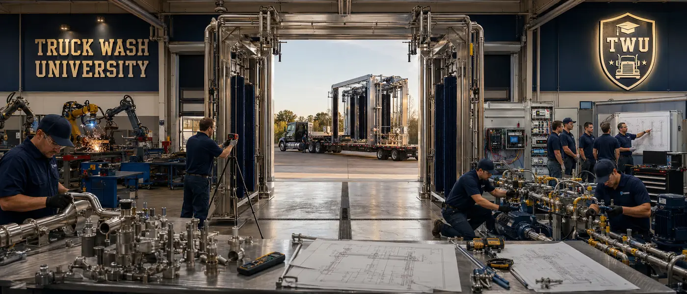Engineers and technicians assemble wash-system gantry equipment in a fabrication shop with blueprints spread across a work table.