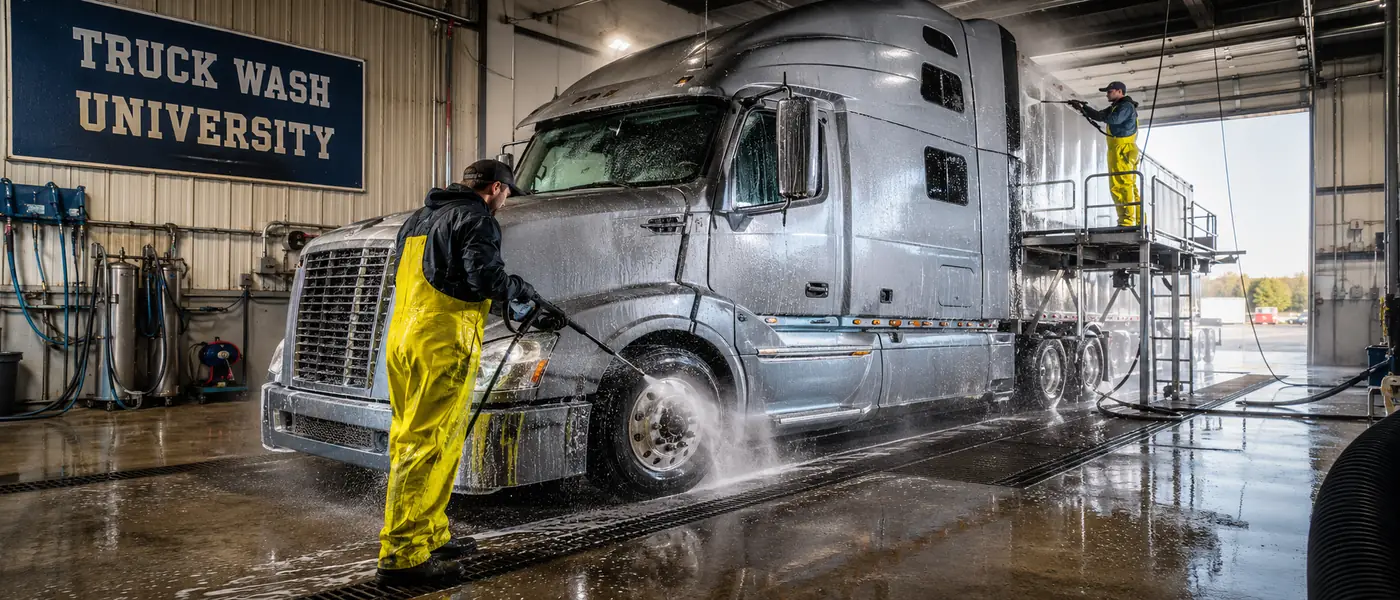 Two workers in yellow protective gear pressure-wash a silver semi truck inside a commercial wash bay.