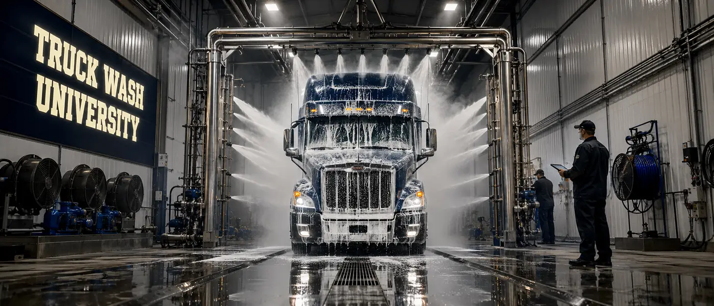 A semi truck covered in foam moves through an automated wash tunnel while a technician monitors from a control station.