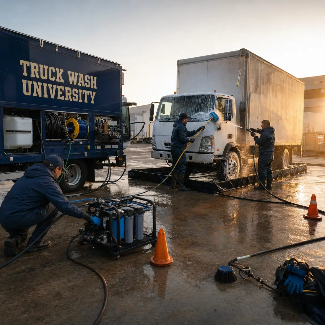 Technicians wash a box truck beside a mobile wash unit with hose reels and water reclamation equipment.
