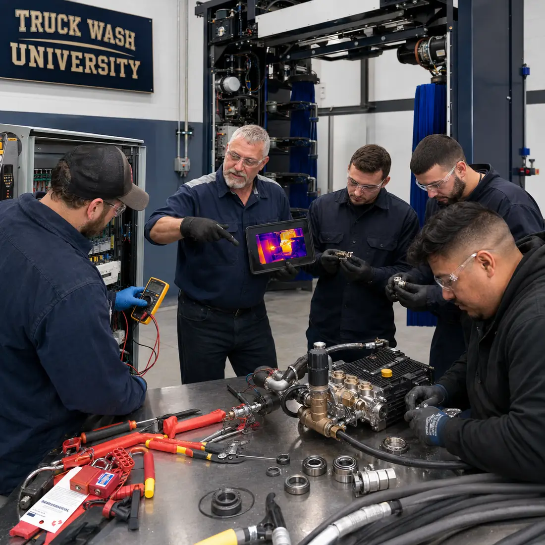 An instructor points to a thermal diagnostic image on a tablet while a group of technicians examines a pump assembly on a workbench.