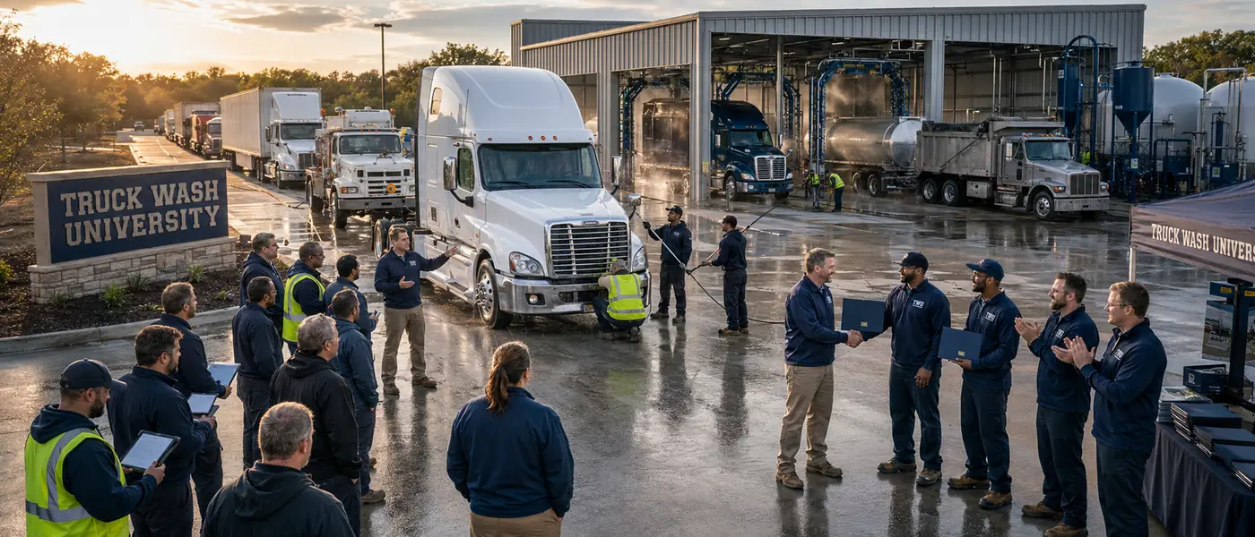 A group of workers in matching navy shirts gathers outdoors at a commercial truck-wash facility as trucks move through wash bays behind them.