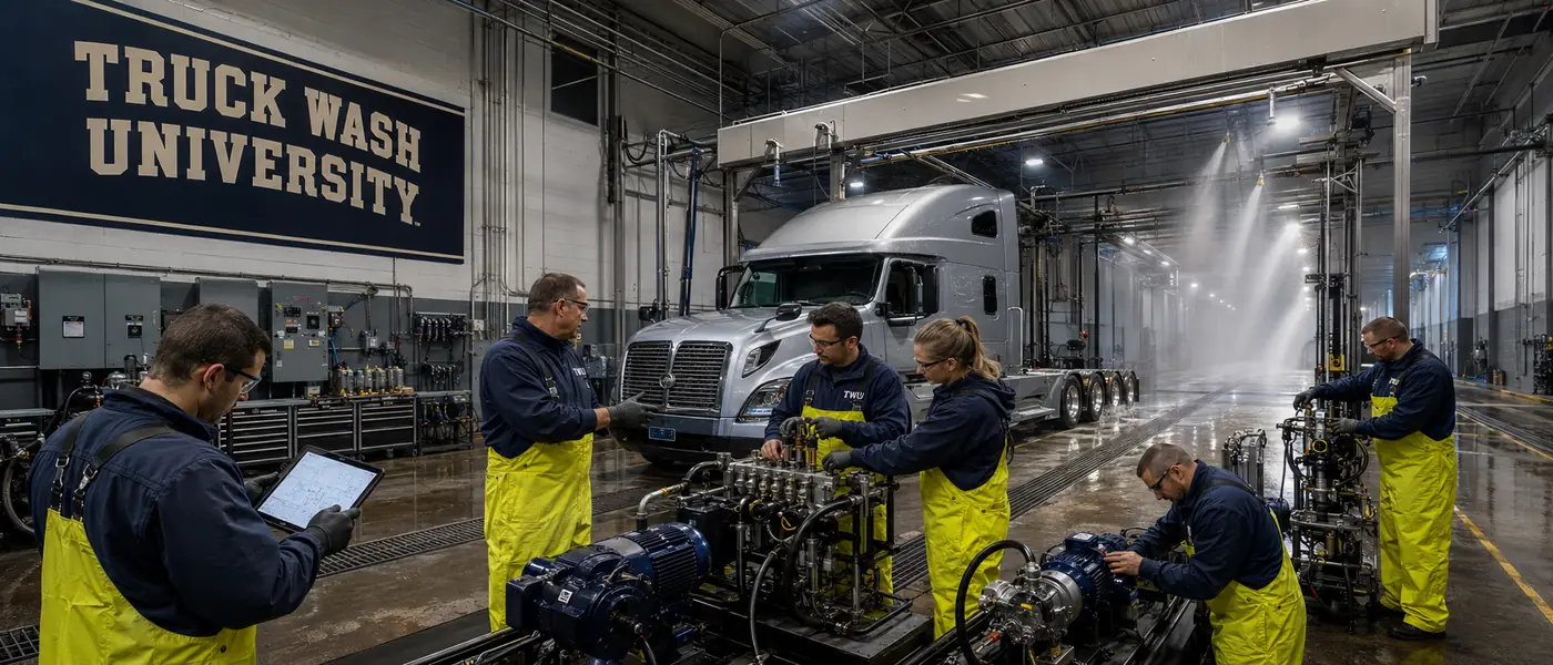 Technicians in protective gear work on pump equipment inside a commercial truck-wash training bay.